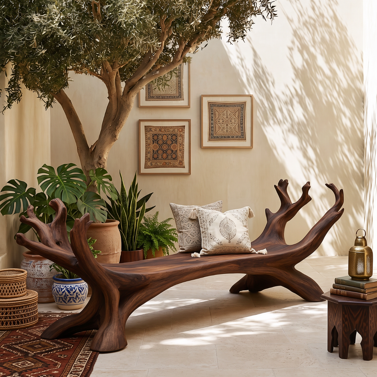 Sculptural Solid Wood Garden Bench with Branch Inspired Frame