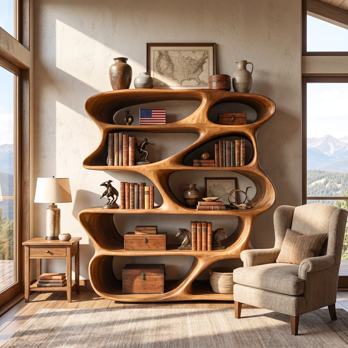 Organic Sculptural Bookshelf Handmade Modern Wooden Display Shelf Contemporary Storage Unit