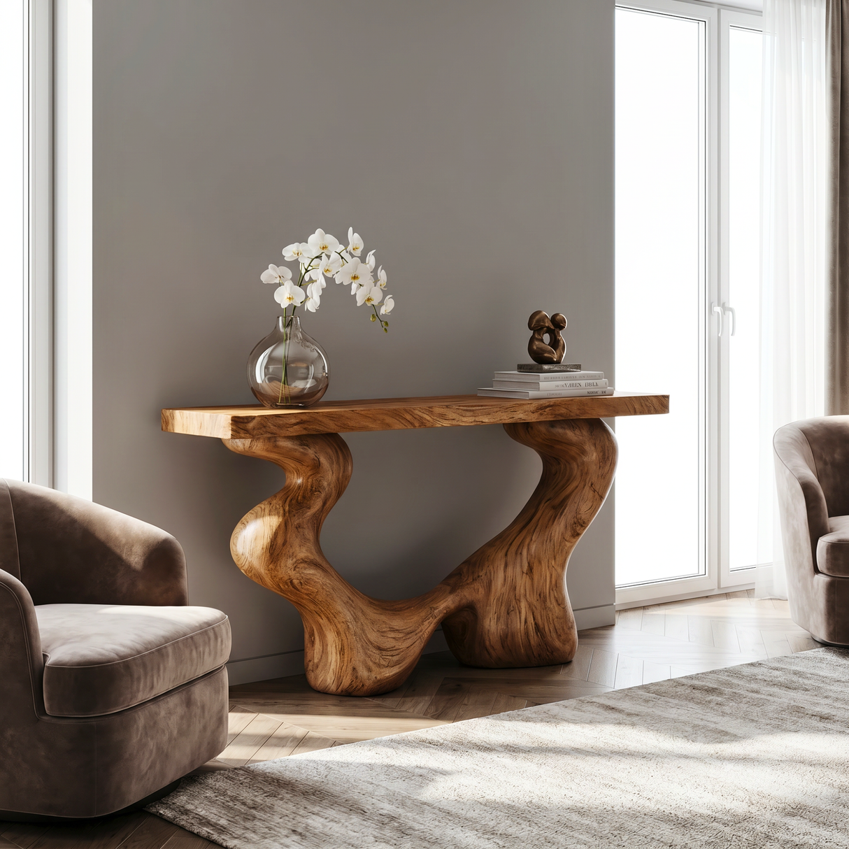 Console Table Solid Wood with Sculptural Open Arch Base for Entryway Decor