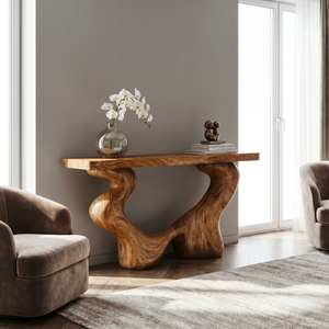 Console Table Solid Wood with Sculptural Open Arch Base for Entryway Decor