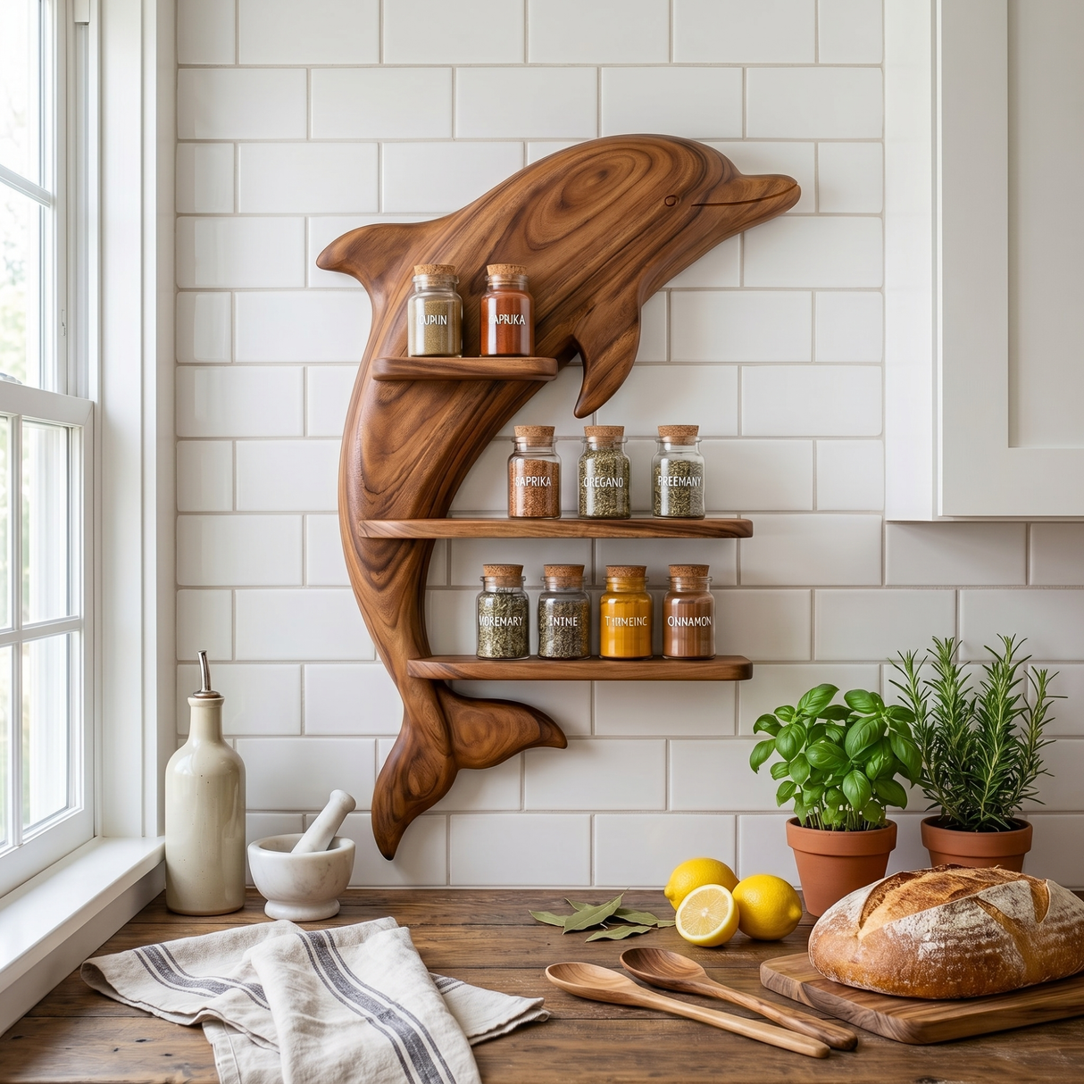Solid Wood Dolphin Wall Spice Shelf with Three Tier Kitchen Storage