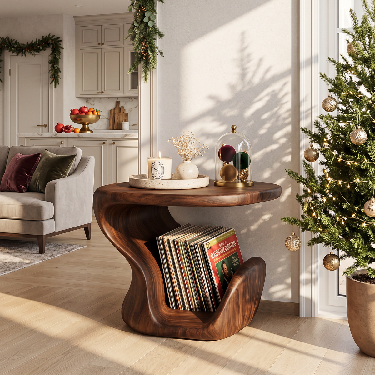 Sculptural Solid Wood Side Table with Curved Vinyl Record Storage