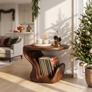 Sculptural Solid Wood Side Table with Curved Vinyl Record Storage