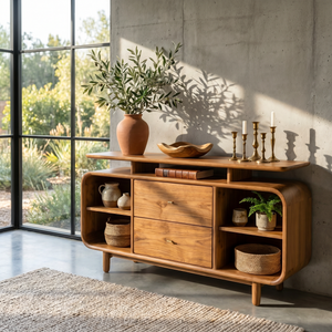 Handcrafted Solid Wood Raised Top Sideboard with Drawers and Open Shelves