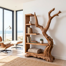 Tall Solid Wood Bookshelf with Sculptural Tree Form Organic Modern Display Shelf