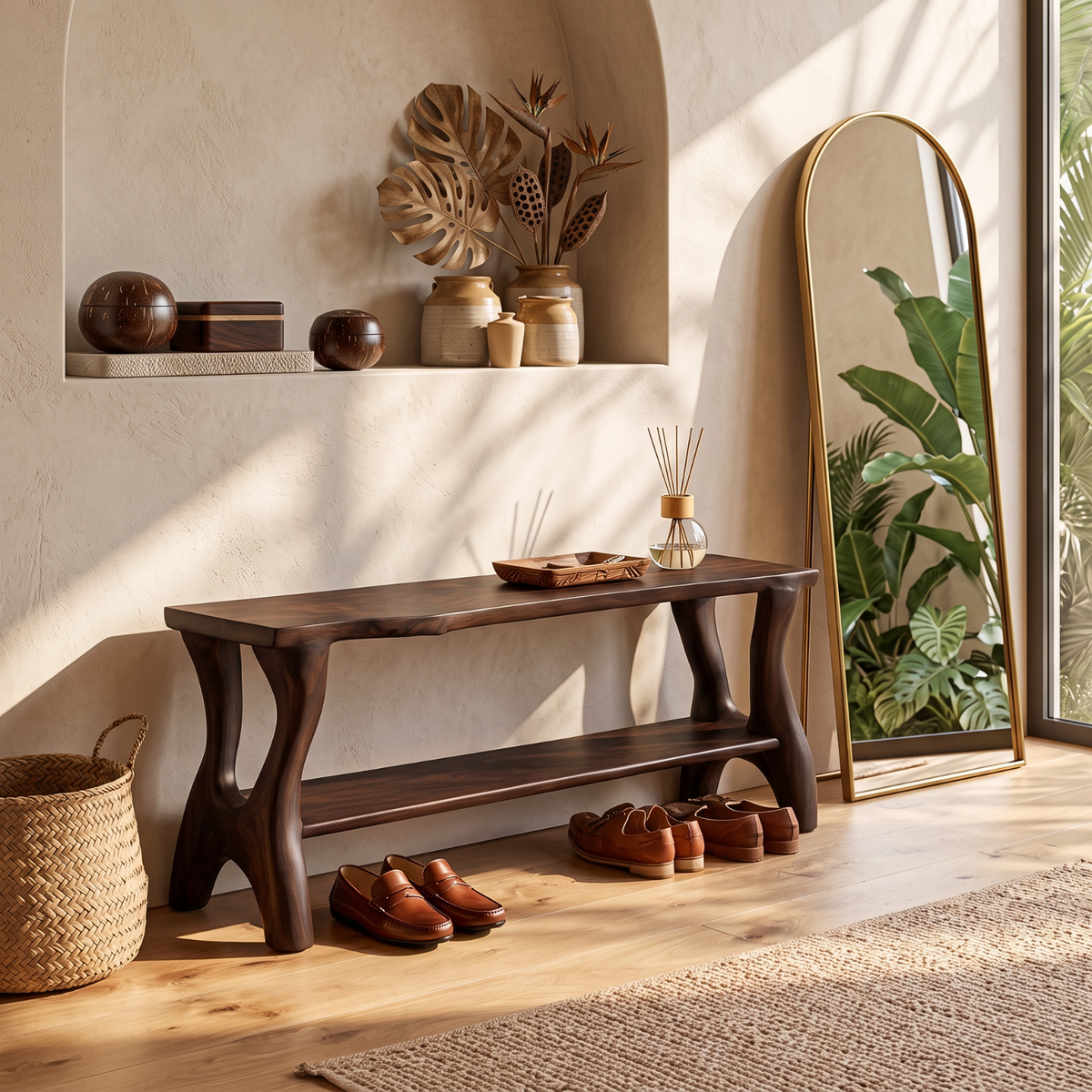 Handcrafted Solid Wood Shoe Bench with Organic Legs and Open Storage Shelf