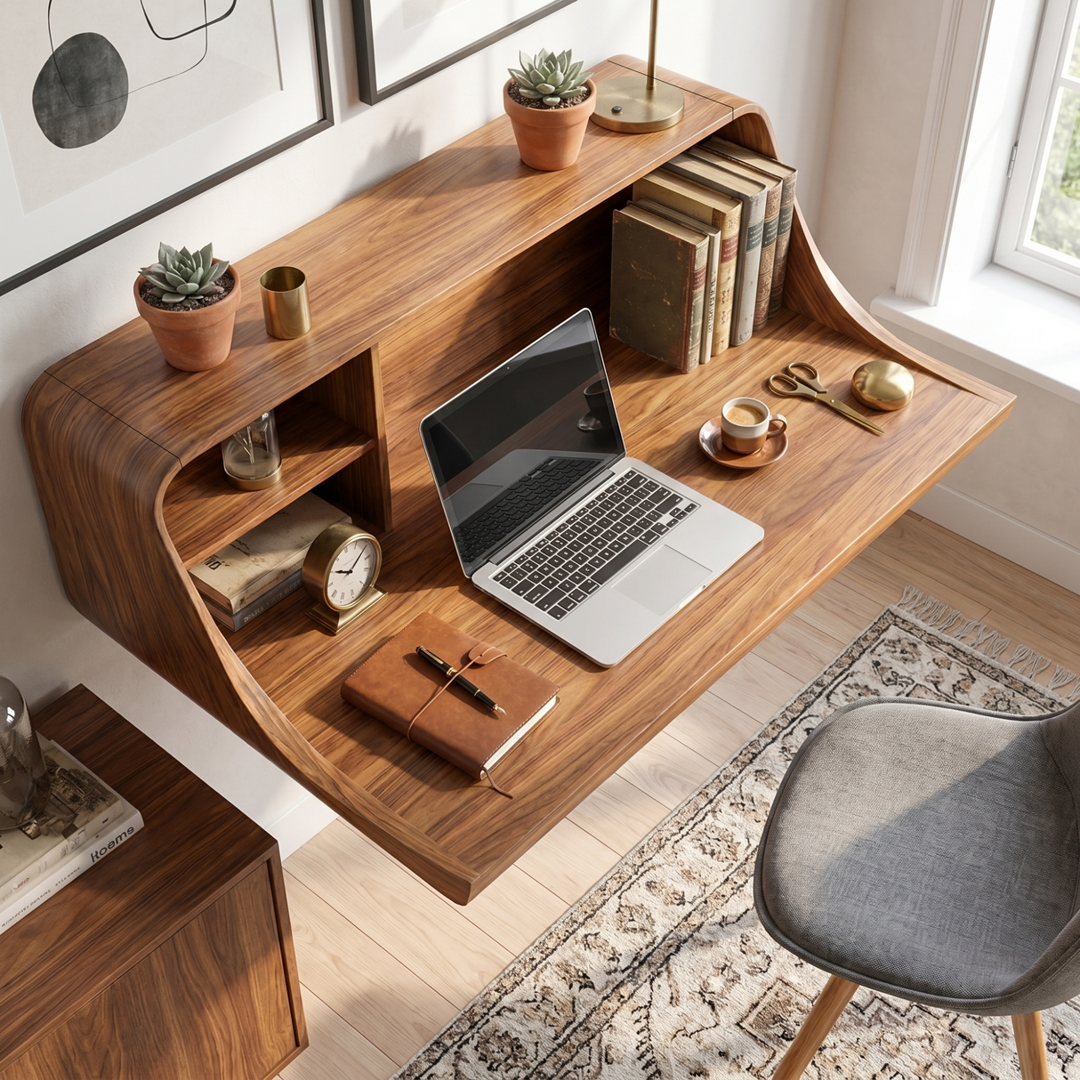Modern Floating Desk with Integrated Shelf Storage
