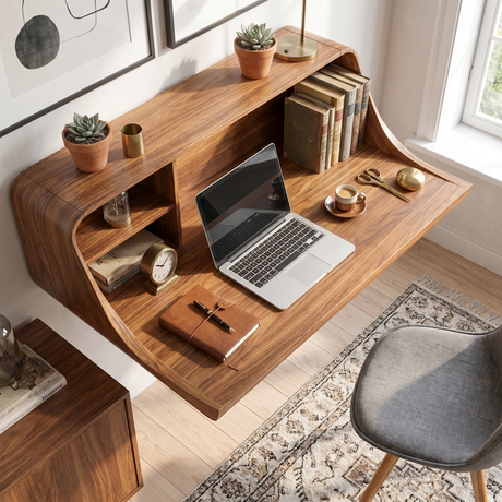 Modern Floating Desk with Integrated Shelf Storage