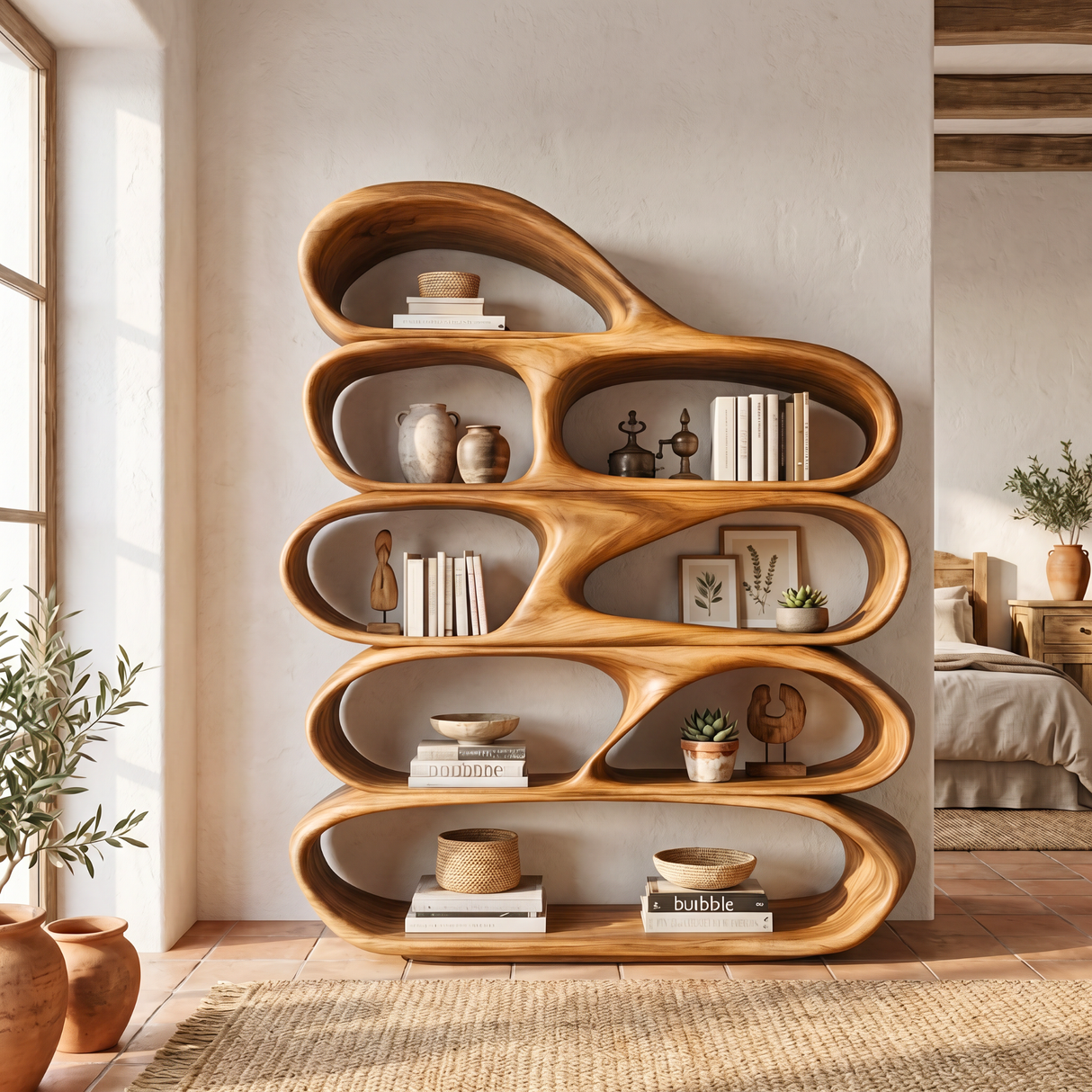 Organic Wooden Bookshelf Handmade Sculptural Solid Wood Modern Display Shelf