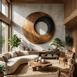Solid Wood Oval Ring Wall Art with Radial Black Texture and Warm Grain Sweep