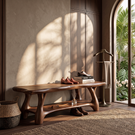 Organic Solid Wood Shoe Bench with Sculptural Legs and Open Shelf