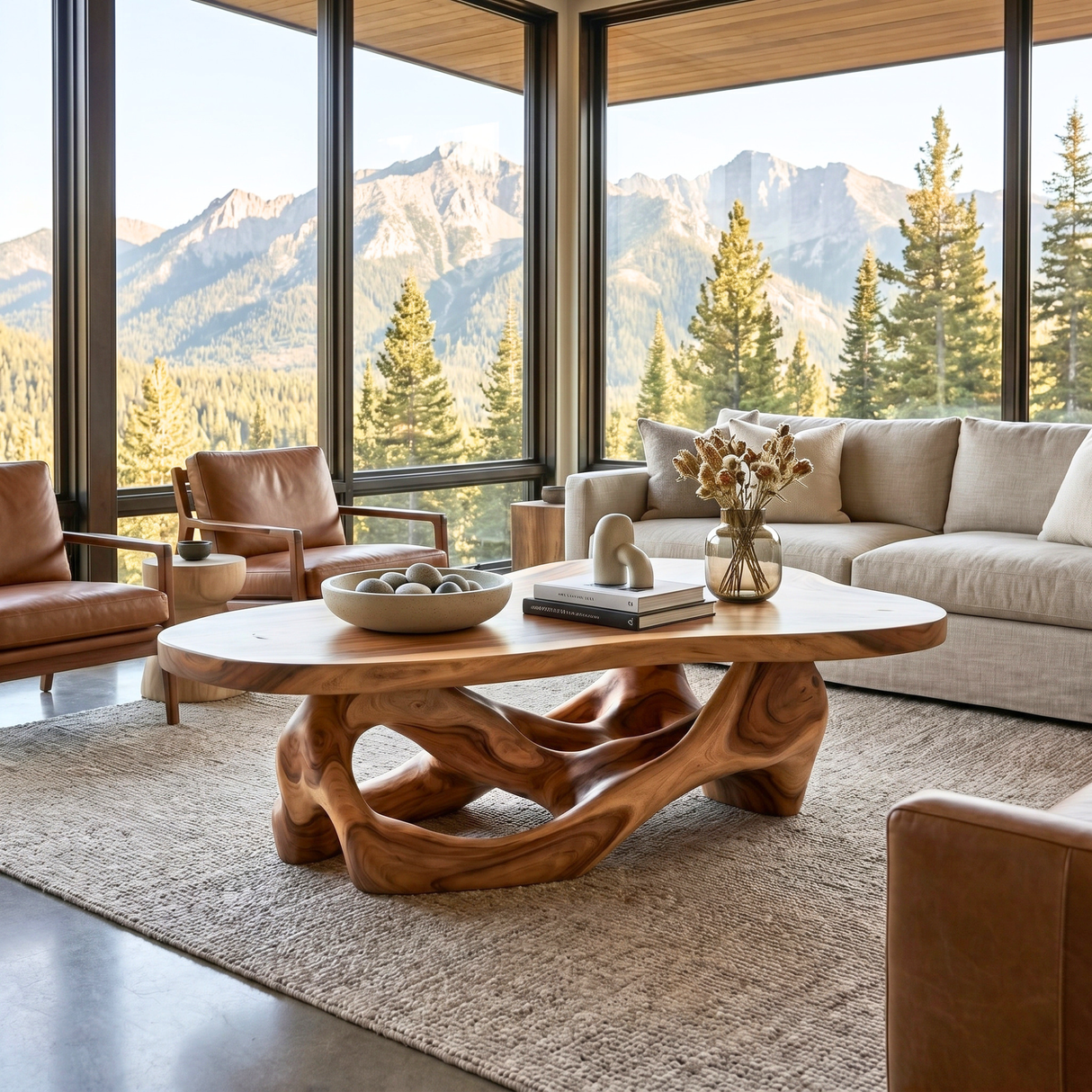 Sculptural Solid Wood Coffee Table with Fluid Openwork Base