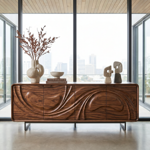 Handcrafted Solid Wood Media Cabinet with Fluid Carved Front