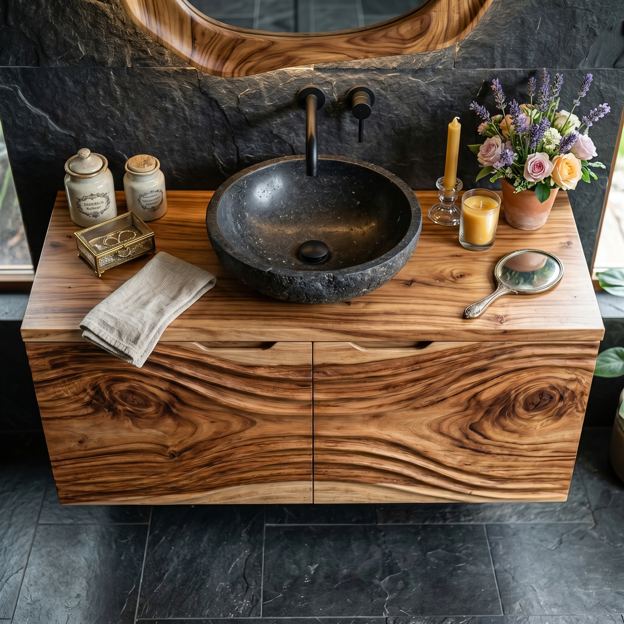 Hand Carved Solid Wood Bathroom Vanity with Flowing Organic Grain Design