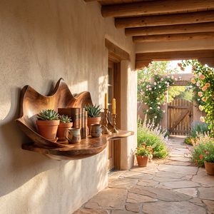 Handcrafted Solid Wood Sculpted Leaf Wall Shelf with Curved Display Tray