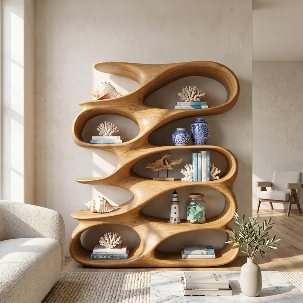 Abstract Loop Wood Display Shelf with Flowing Open Compartments