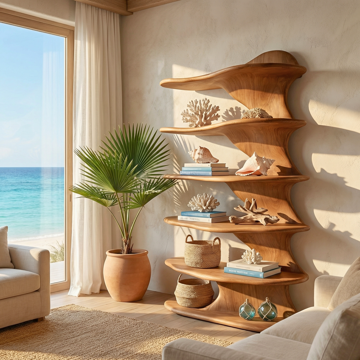 Organic Curved Solid Wood Bookshelf for Minimalist Interiors