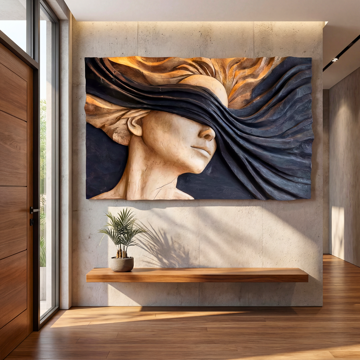 Ethereal Flow Wooden Relief Portrait Sculpture Wall Art