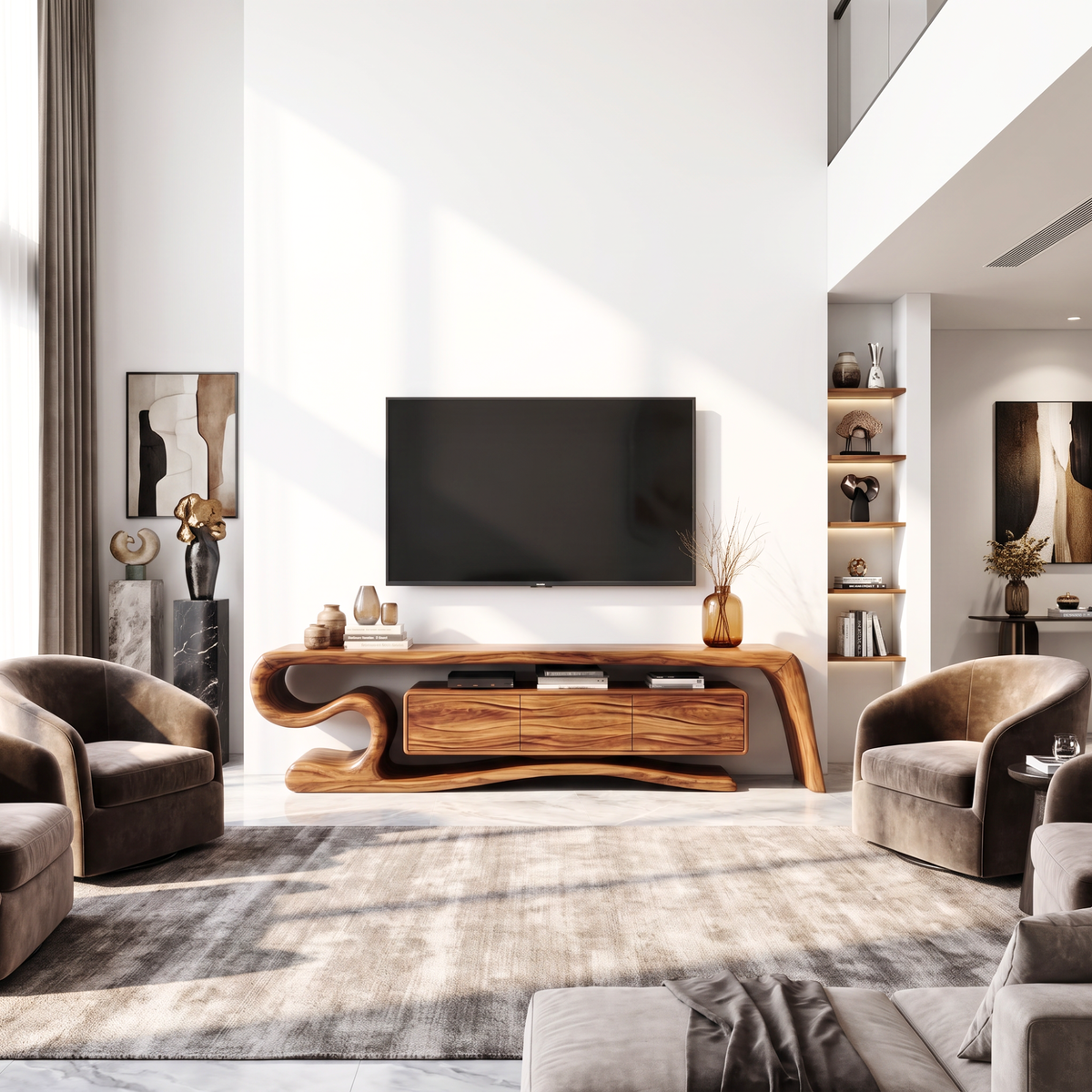TV Stand with Sculptural S-Curve Frame and Natural Wave Grain Cabinet