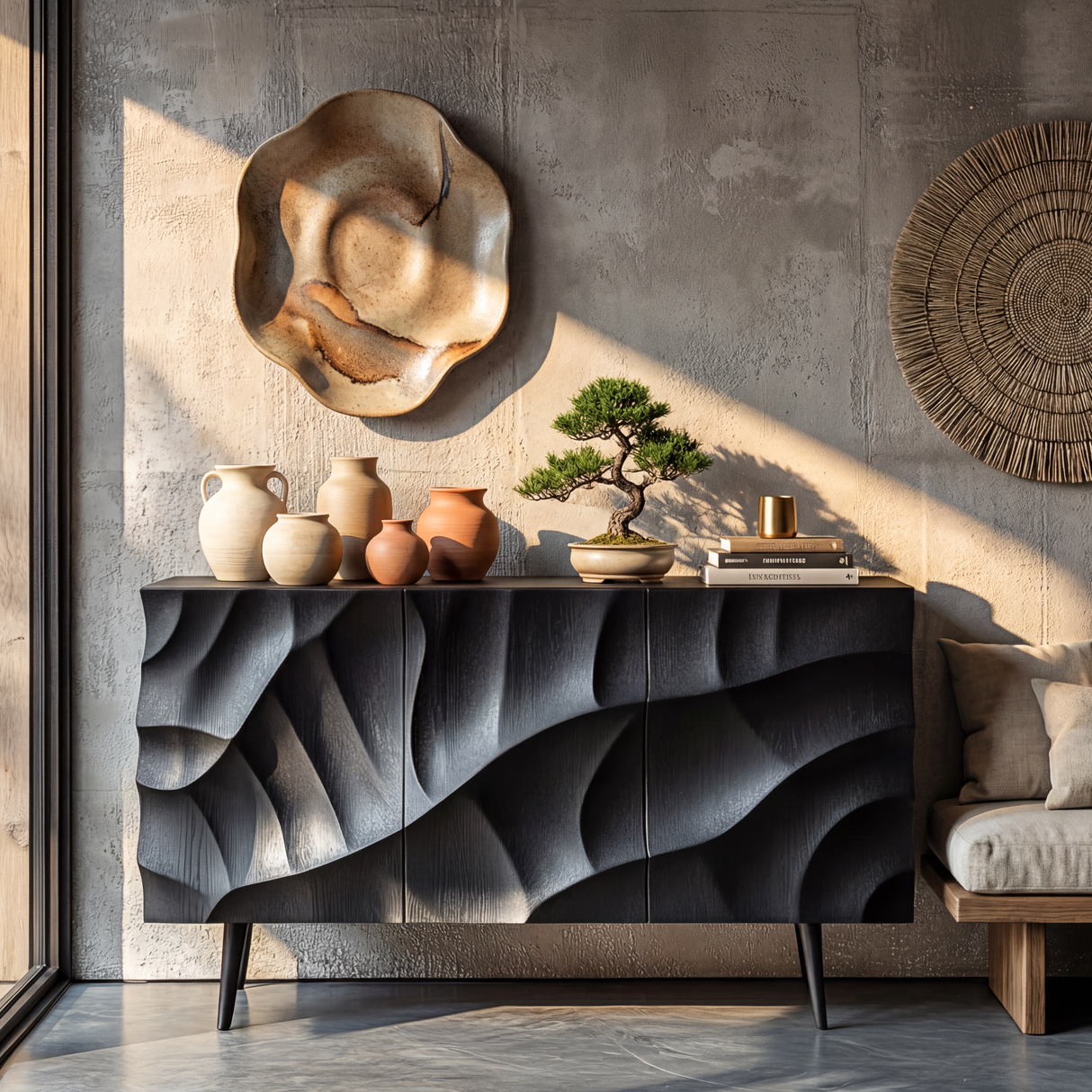 Black Sculpted Wave Front Sideboard for Modern Living and Dining