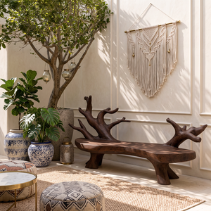 Outdoor Solid Wood Bench with Sculptural Branch Backrest
