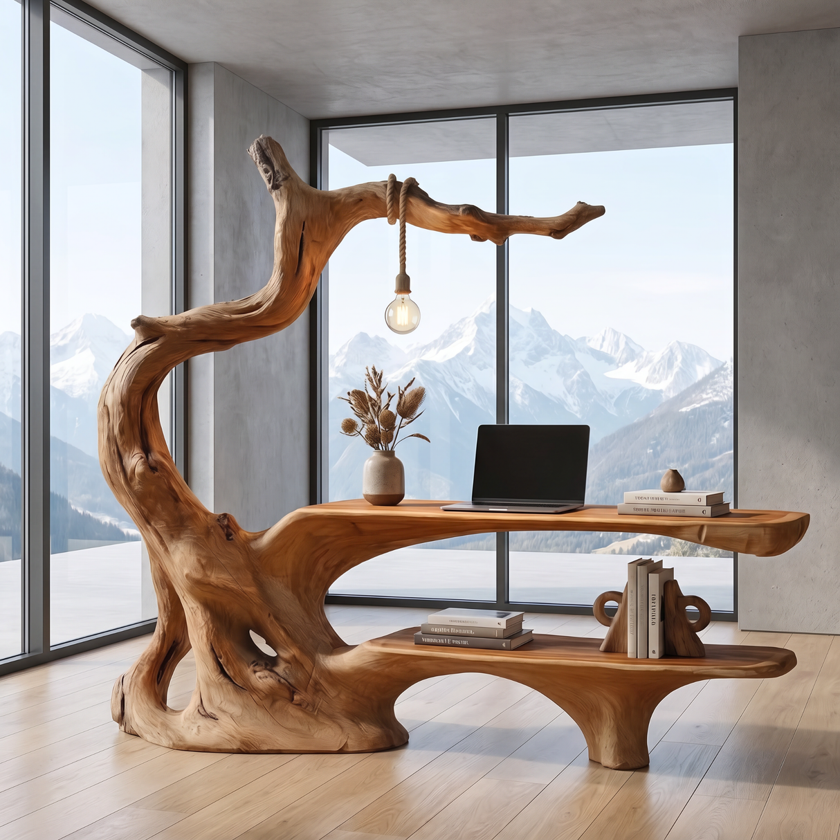 Organic Tree Root Office Desk With Floating Shelf And Hanging Lamp