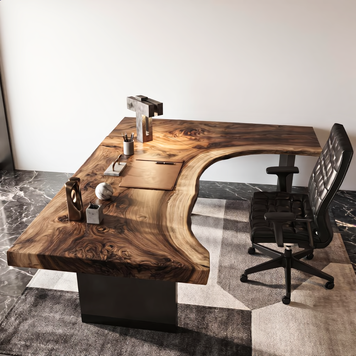 Live Edge Solid Wood Desk with Sculptural Cutout Design