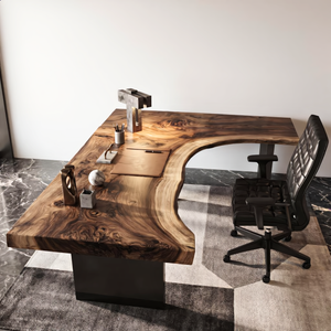 Live Edge Solid Wood Desk with Sculptural Cutout Design