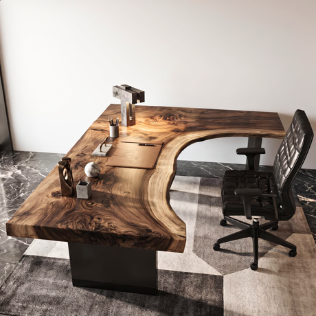 Live Edge Solid Wood Desk with Sculptural Cutout Design
