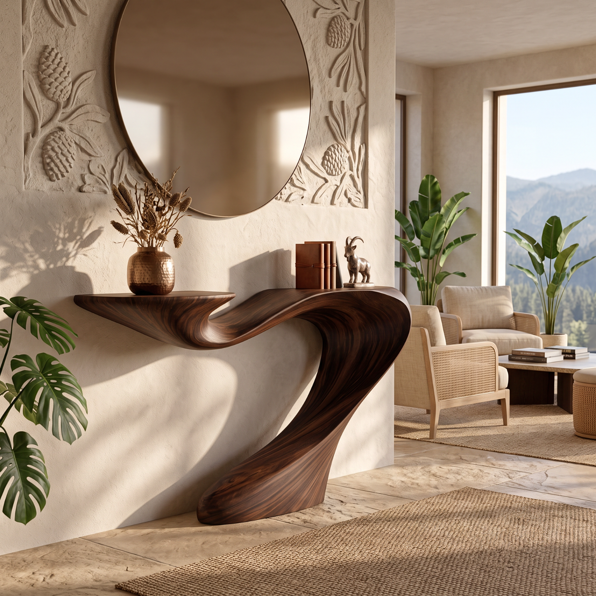 Solid Wood Console Table with Sculptural Sweeping Curve Base for Entryway Decor