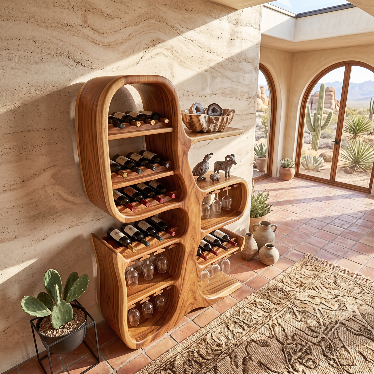 Solid Wood Wine Cabinet with Sculptural Tree Form for Home Bar