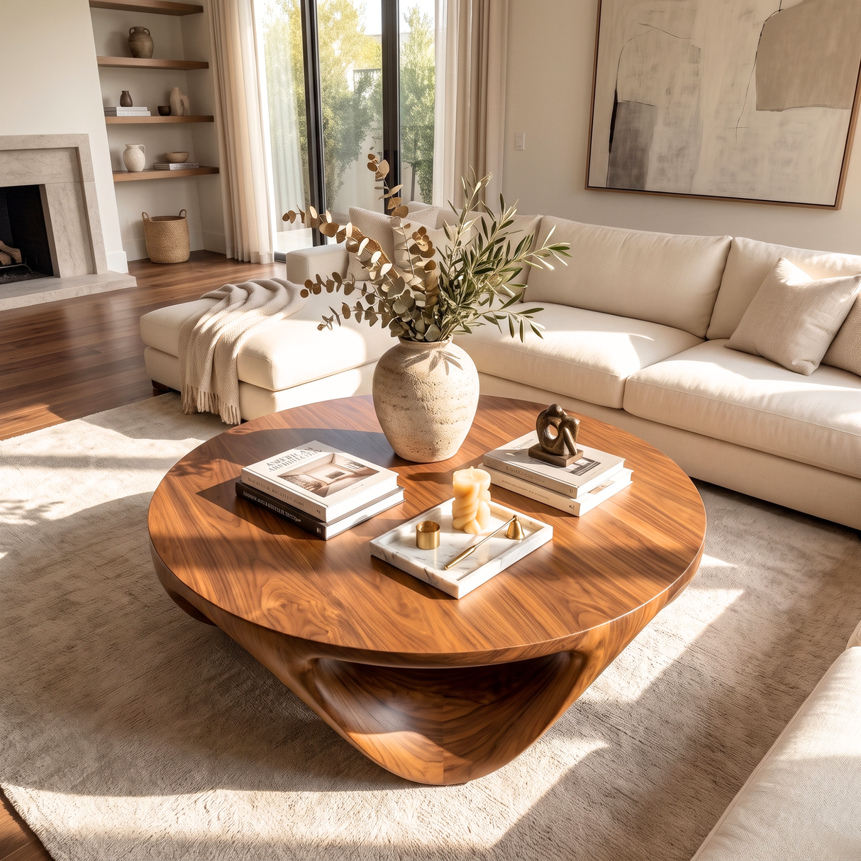Coffee Table Solid Wood with Sculptural Triple Loop Base for Living Room