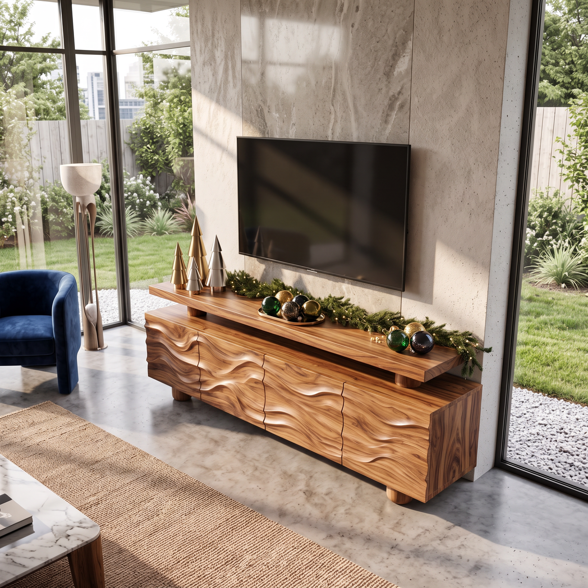 TV Stand with Raised Floating Top and Hand Carved Wave Cabinet Doors