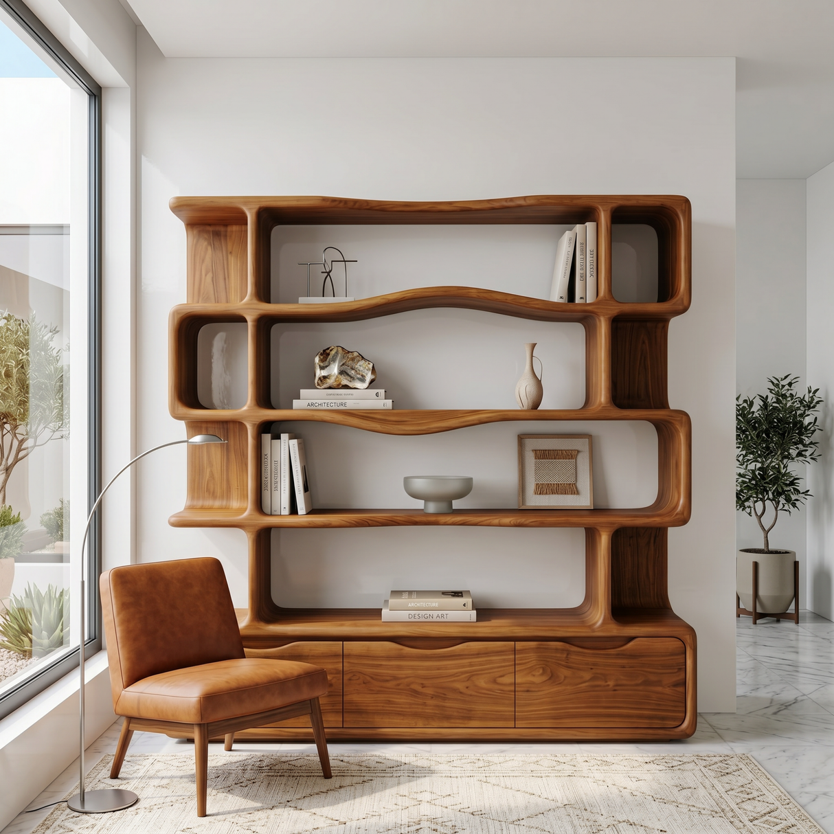 Solid Wood Bookshelf with Wavy Open Shelves and Storage Drawers