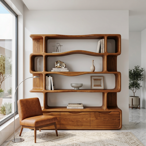 Solid Wood Bookshelf with Wavy Open Shelves and Storage Drawers