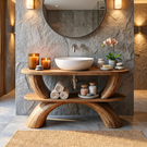 Handcrafted Solid Wood Bathroom Vanity Organic Modern Rustic Wood Vanity with Open Shelf