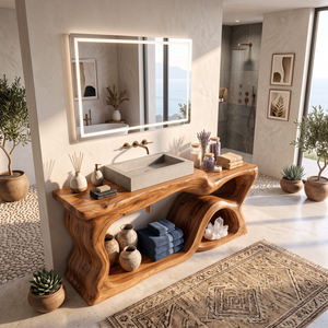 Bathroom Vanity Solid Wood with Sculptural Wave Frame and Open Storage