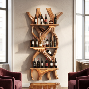 Sculptural Wooden Wine Display Organic Wall Mounted Bottle Rack