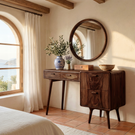 Wood Vanity Table with Side Storage Drawers, Mid Century Modern Dressing Table for Bedroom