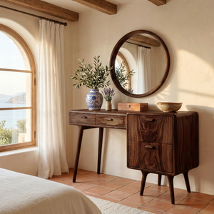 Wood Vanity Table with Side Storage Drawers, Mid Century Modern Dressing Table for Bedroom