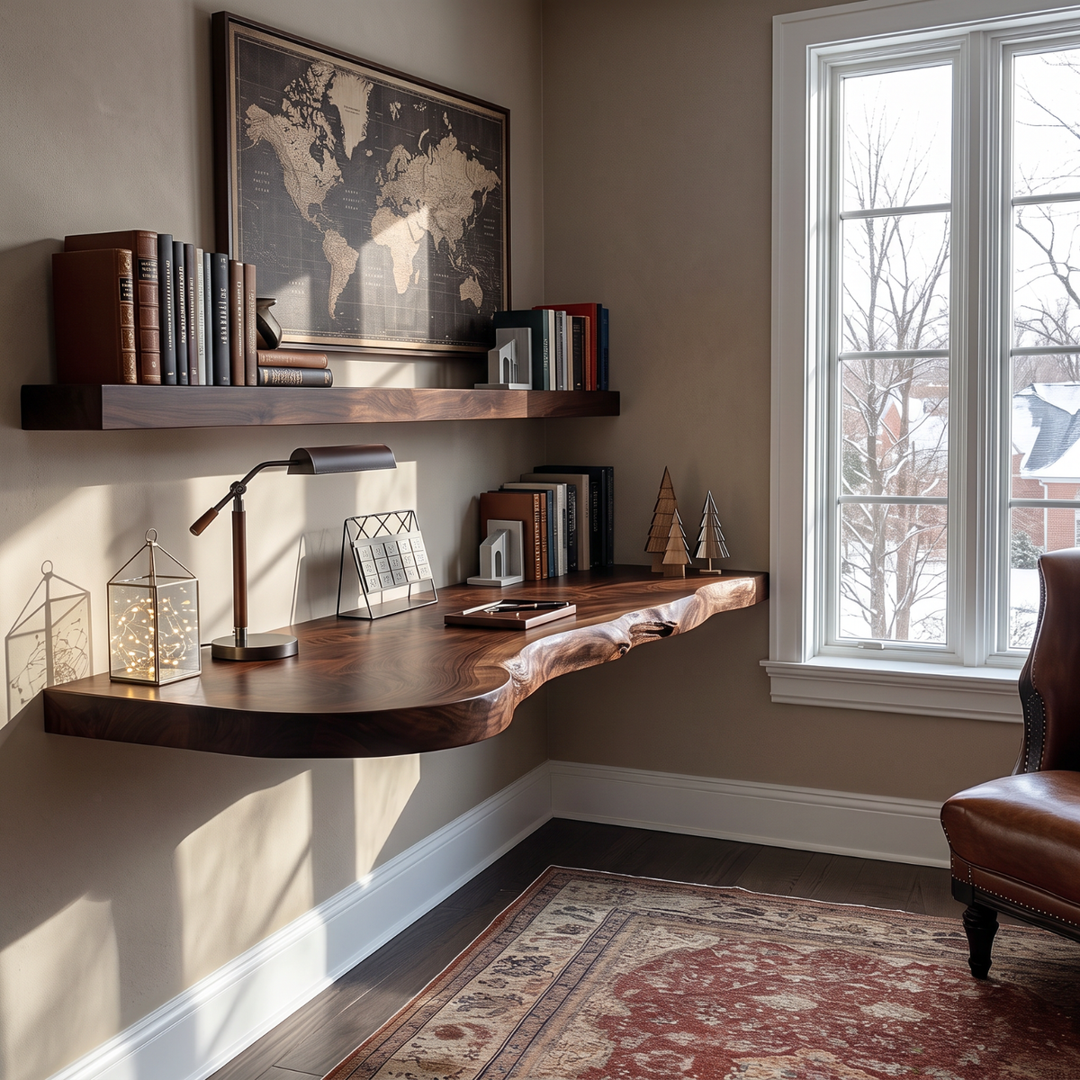 Live Edge Solid Wood Floating Desk with Organic Wall Mounted Design