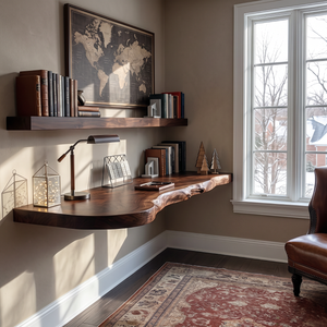 Live Edge Solid Wood Floating Desk with Organic Wall Mounted Design