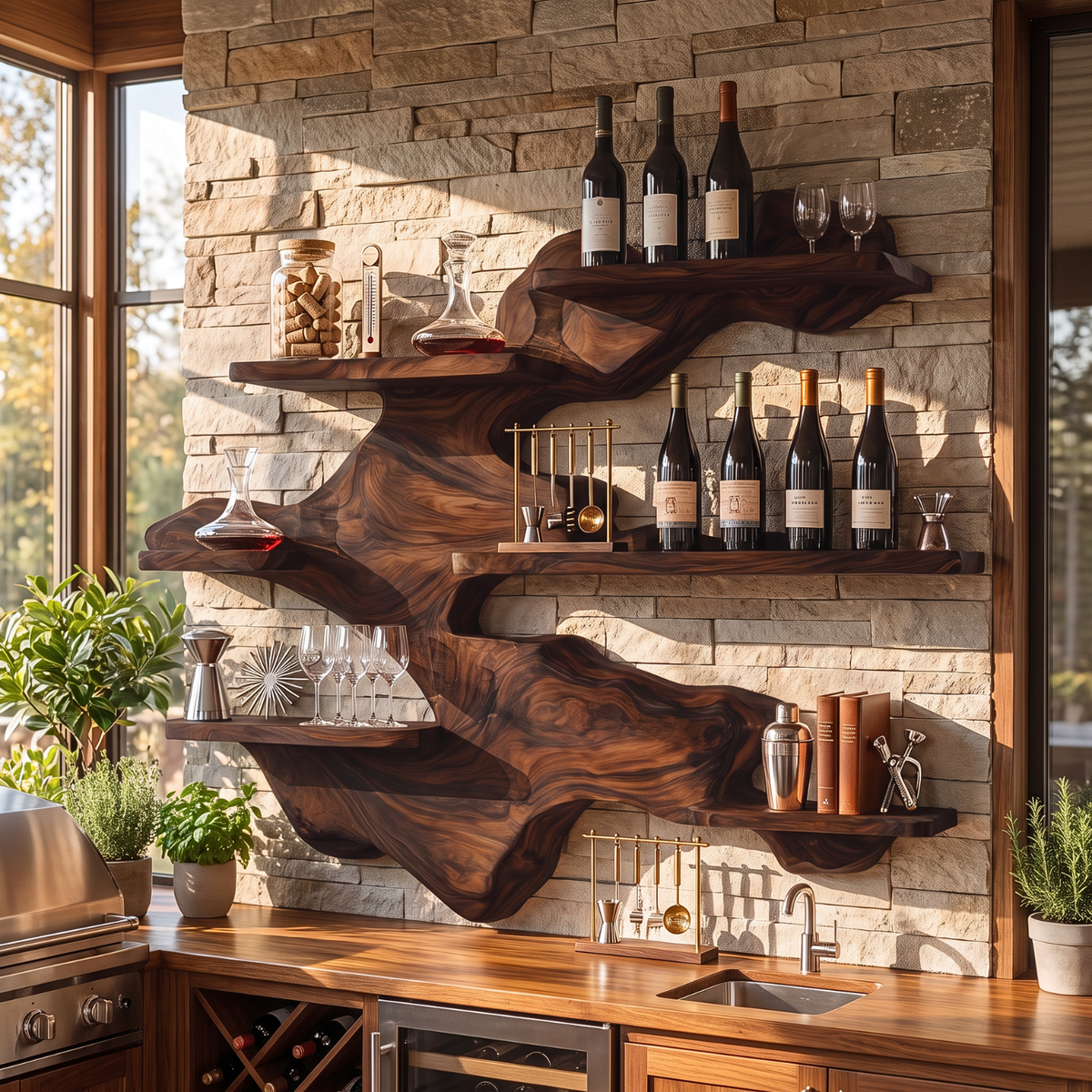 Sculptural Solid Wood Wall Mounted Wine Rack with Staggered Display Shelves