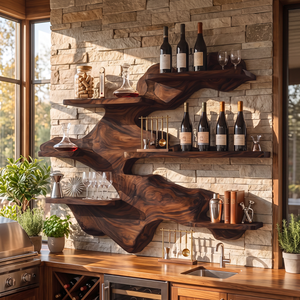 Sculptural Solid Wood Wall Mounted Wine Rack with Staggered Display Shelves