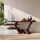 Handcrafted Solid Wood Console Table with Asymmetrical Shelves and Branching Base
