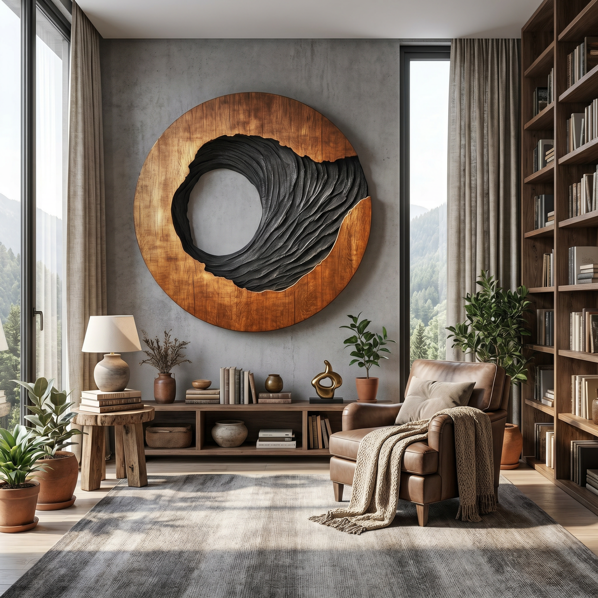 Oval Solid Wood Wall Art with Open Void and Black Carved Terrain Relief