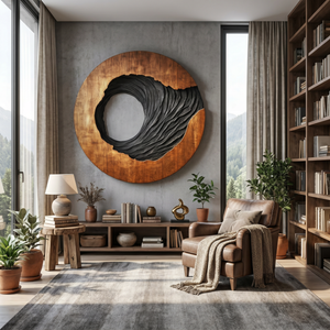 Oval Solid Wood Wall Art with Open Void and Black Carved Terrain Relief