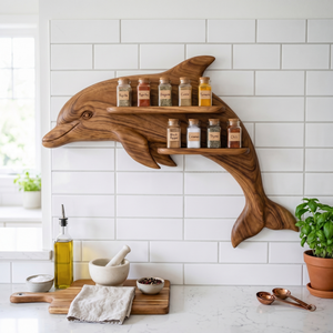 Sculptural Solid Wood Dolphin Spice Rack with Double Wall Shelves