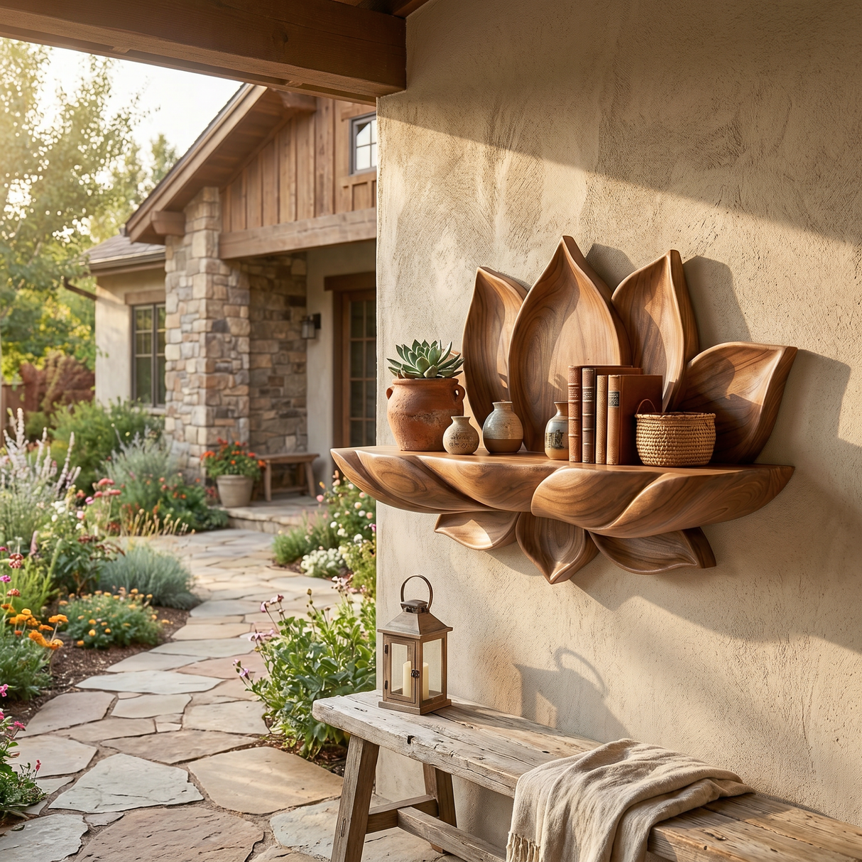 Handcrafted Natural Solid Wood Lotus Petal Wall Shelf for Decorative Display