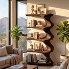 Solid Wood Sculptural Display Shelf with Flowing Curves for Organic Modern Interiors